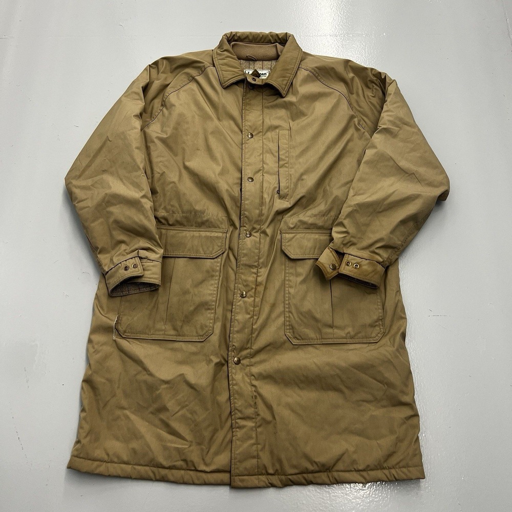 Vintage L.L. Bean Wool Lined Long Parka Coat Mens Size XL Chore Barn Beige Snap
